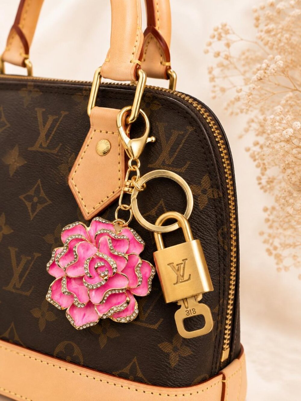 Authentic Louis Vuitton Gold Lock & Key ✨ Unbranded Flower Bag Charm Keychain